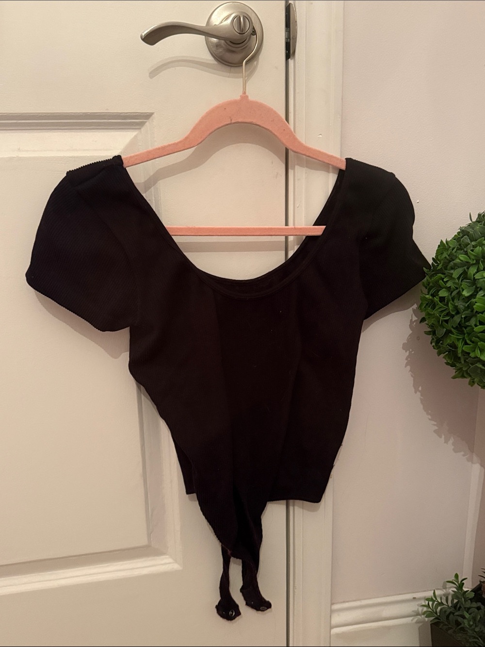 Black American Eagle ribbed bodysuit Scoop Neck Tie-Front Womens